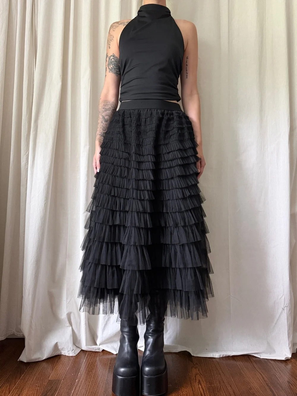 Black Tiered Ruffle Maxi Skirt Size Women's Size Large | Goth Avant Garde